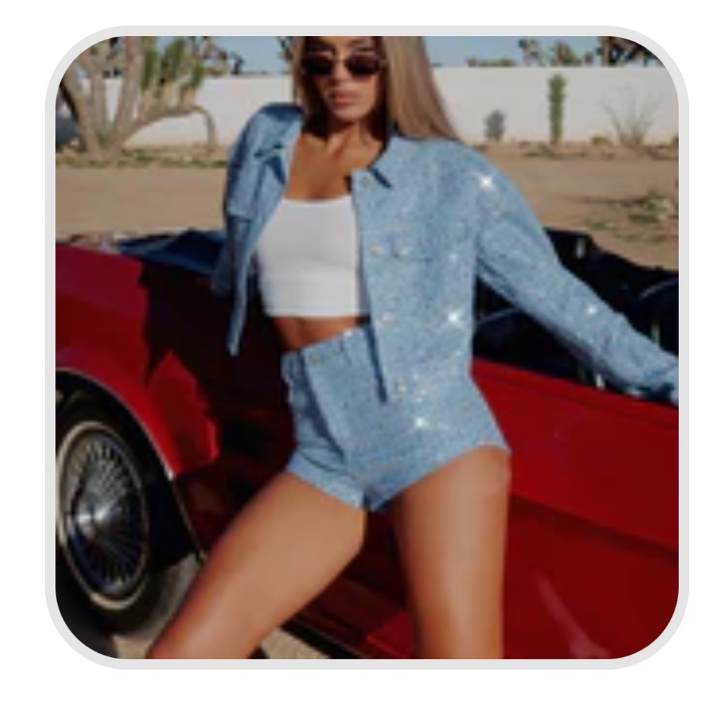 White Fox sequin denim short set